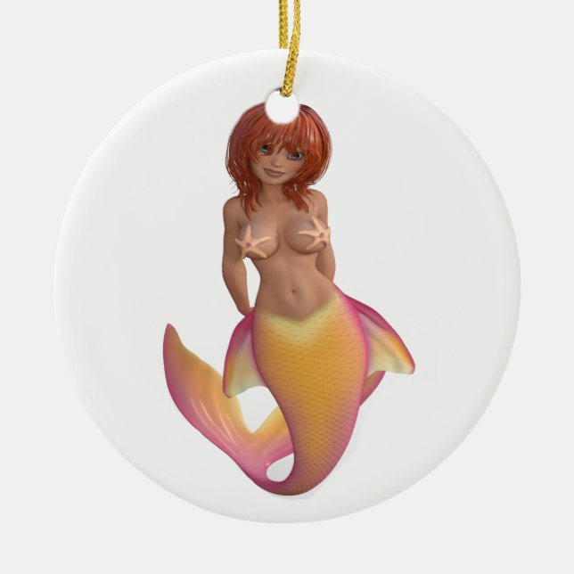 Ornamento De Cerâmica Criatura de água de sereia com cauda amarela e ros (Frente)