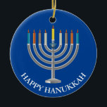 Ornamento De Cerâmica Crie seu Chanucá Menorah<br><div class="desc">Crie Seu Próprio Ornamento Cerâmico Chanucá Menorah. Menorah com nove velas e estrela de David em um festival azul de luzes de fundo na frente e atrás do ornamento. cartões de natal felizes e nome da família nas costas. Coloque seu próprio texto, conforme desejado. Escolha a forma do ornamento no...</div>