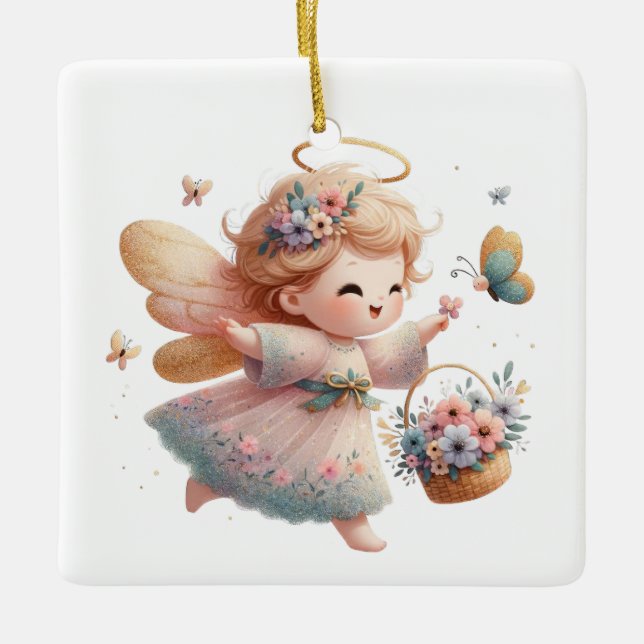 Ornamento De Cerâmica Crie seu próprio Anjo das Flores Felizes (Frente)