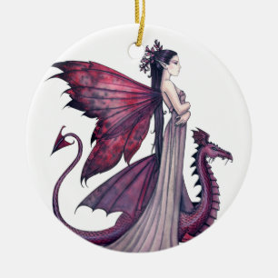 Ornamento De Cerâmica Crimson Dragon e Fairy Fantasy Art