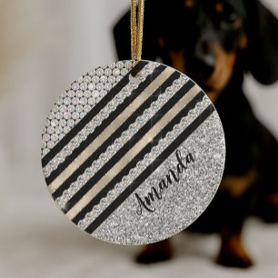 Ornamento De Cerâmica Cristal e brilho prateado de chic faux personaliza