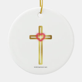 Ornamento De Cerâmica Cross with Heart in the Middle - round,