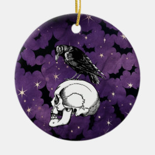 Ornamento De Cerâmica Crow Raven e Skull Halloween Roxo Stars Bats