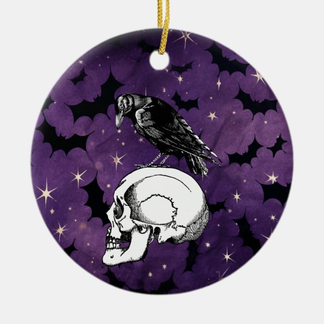 Ornamento De Cerâmica Crow Raven e Skull Halloween Roxo Stars Bats (Frente)