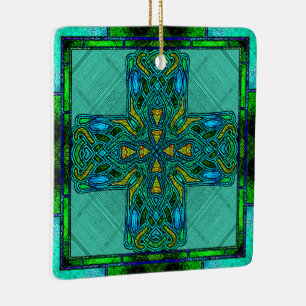 Ornamento De Cerâmica Cruz Celta em Vidro Colorido em Dourado e Verde