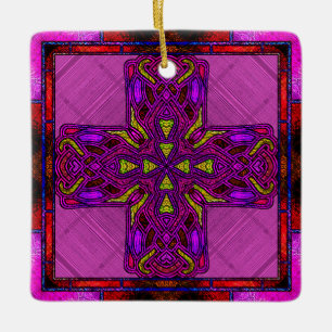 Ornamento De Cerâmica Cruz Celta em Vidro Colorido Rosa e Roxo