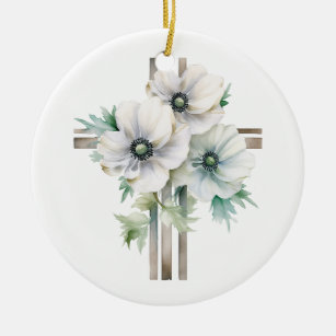 Ornamento De Cerâmica Cruz de flor de anêmona branca