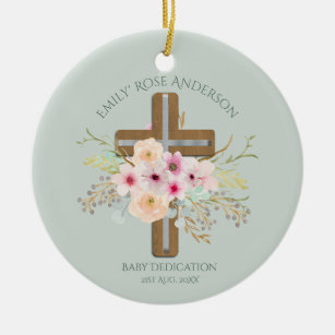 Ornamento De Cerâmica Cruz Floral Personalizada BABY Dedicação