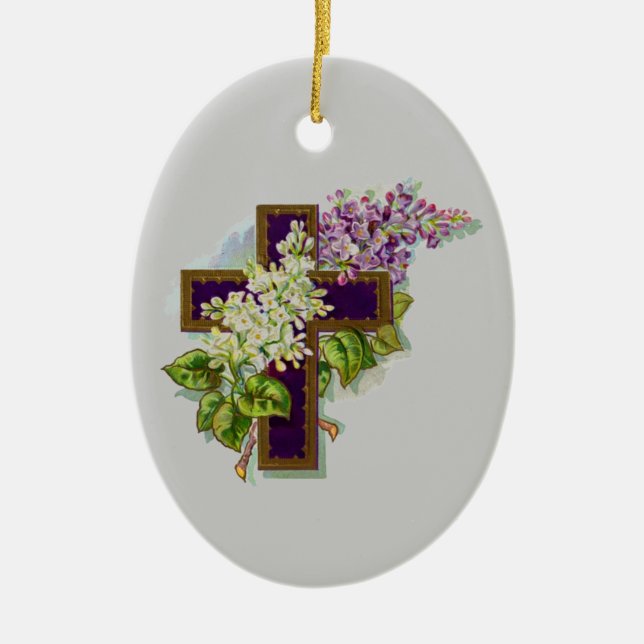 Ornamento De Cerâmica Cruz roxa com flores (Frente)