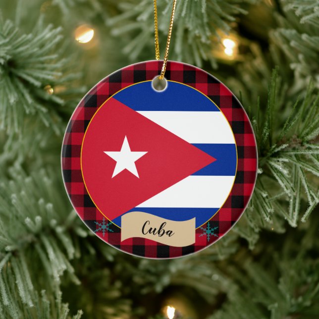 Ornamento De Cerâmica Cuba, xadrez de búfalos vermelhos e Bandeira cuban (Árvore)