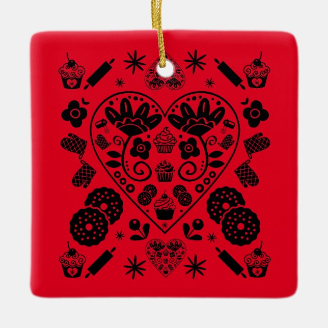 Ornamento De Cerâmica Cupcake Baking Folk Art (Frente)