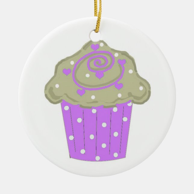 Ornamento De Cerâmica Cupcake de Bolinhas roxa (Frente)