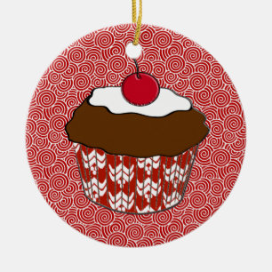 Ornamento De Cerâmica Cupcake de chocolate picado com uma cereja