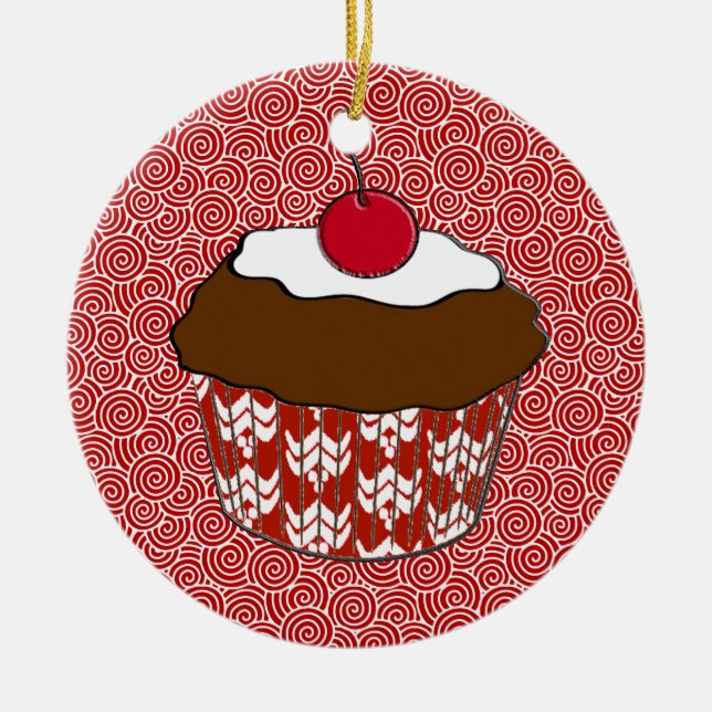 Ornamento De Cerâmica Cupcake de chocolate picado com uma cereja (Frente)