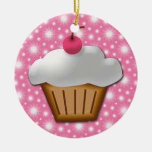 Ornamento De Cerâmica Cupcake de corte com cereja rosa no topo
