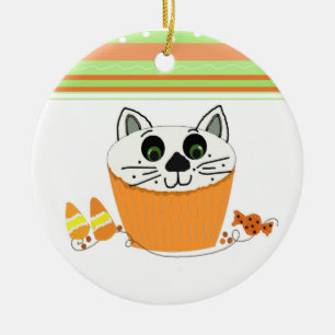 Ornamento De Cerâmica Cupcake de Gato Halloween