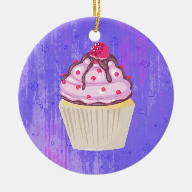 Ornamento De Cerâmica Cupcake doce com framboesa no topo (Frente)