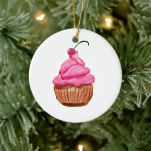 Ornamento De Cerâmica Cupcake rosa com cereja