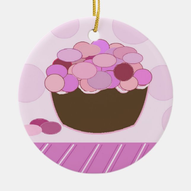 Ornamento De Cerâmica Cupcake Rosa e Roxo (Frente)