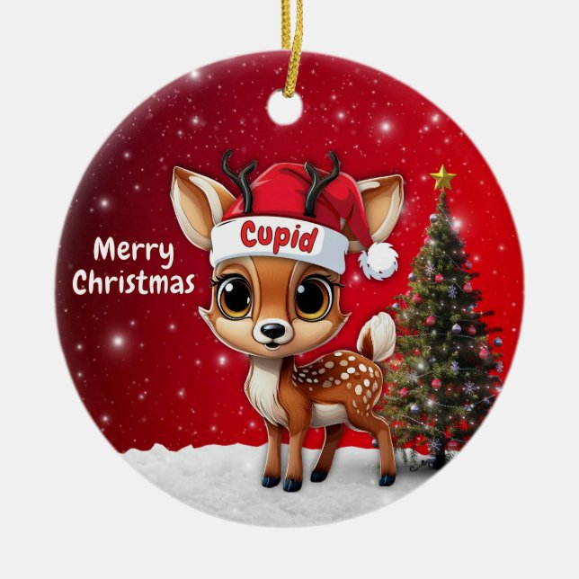 Ornamento De Cerâmica Cupid Baby Deer, Fawn, Doe, Reindeer🦌 🎄 (Frente)