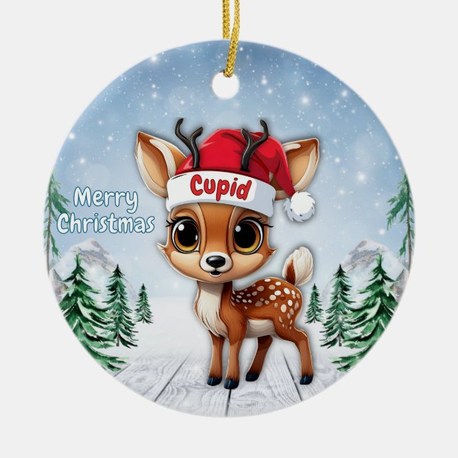 Ornamento De Cerâmica Cupid Baby Deer, Fawn, Doe, Reindeer 🦌🎄 (Frente)