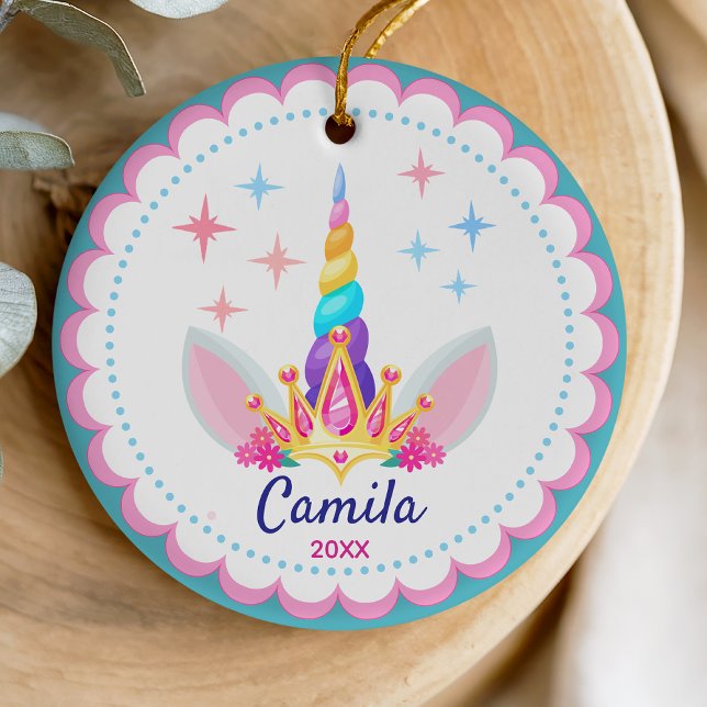 Ornamento De Cerâmica Curioso arco-íris unicórnio, chifre-cinzenta (Criador carregado)