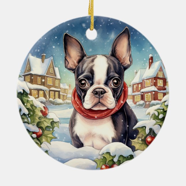 Ornamento De Cerâmica Curioso inverno Natal de Boston Terrier (Traseira)