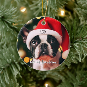 Ornamento De Cerâmica Custa Boston Terrier Puppy com Santa Hat