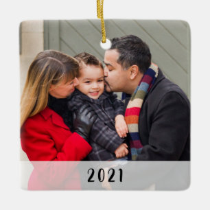 Ornamento De Cerâmica Custom 2-Sided Simple Family Photo Christmas