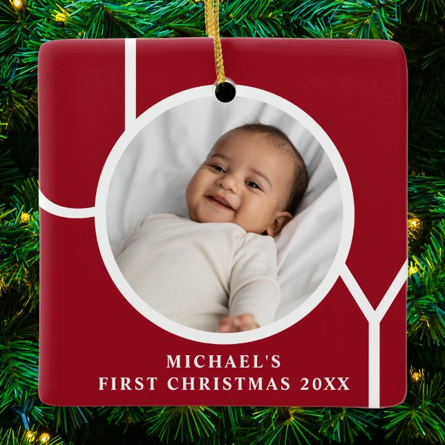 Ornamento De Cerâmica Custom Baby's First Christmas Photo Red (Criador carregado)