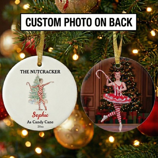 Ornamento De Cerâmica Custom Candy Cane Nutcracker Photo Christmas (Criador carregado)