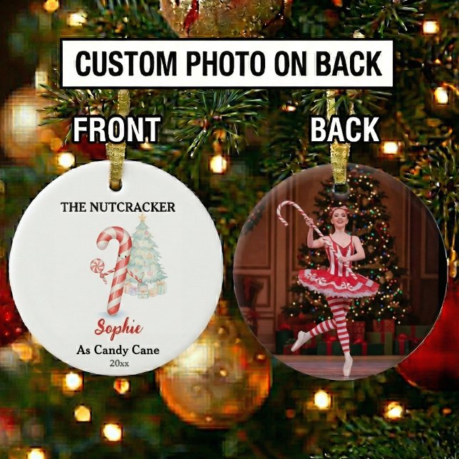 Ornamento De Cerâmica Custom Candy Cane Nutcracker Photo Christmas (Criador carregado)