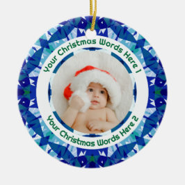 Ornamento De Cerâmica Custom Christmas Blue Green Family Photo Gift