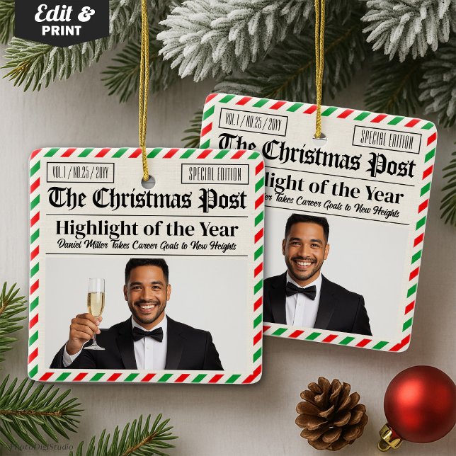 Ornamento De Cerâmica Custom Christmas Celebrate Achievement Newspaper  (Custom Christmas Celebrate Achievement Newspaper Ceramic Ornament)