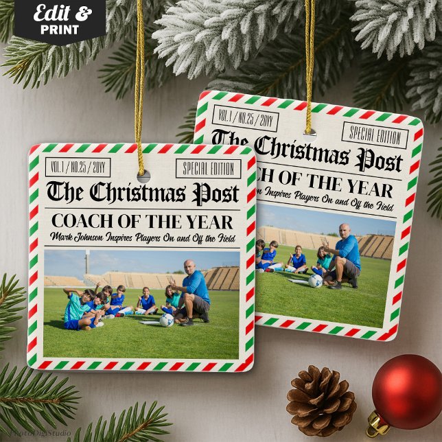 Ornamento De Cerâmica Custom Christmas Coach Gift Sports Newspaper Coach (Custom Christmas Coach Gift Sports Newspaper Coach Ceramic Ornament)