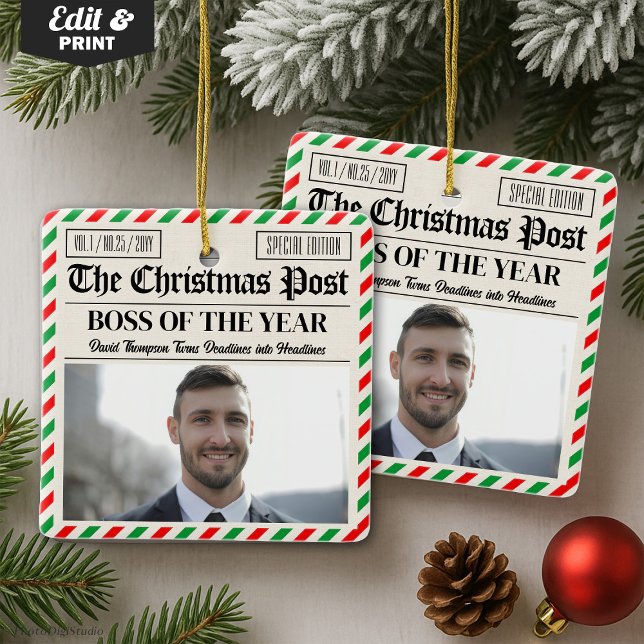 Ornamento De Cerâmica Custom Christmas Gift for Boss Christmas Newspaper (Custom Christmas Gift for Boss Christmas Newspaper Ceramic Ornament)