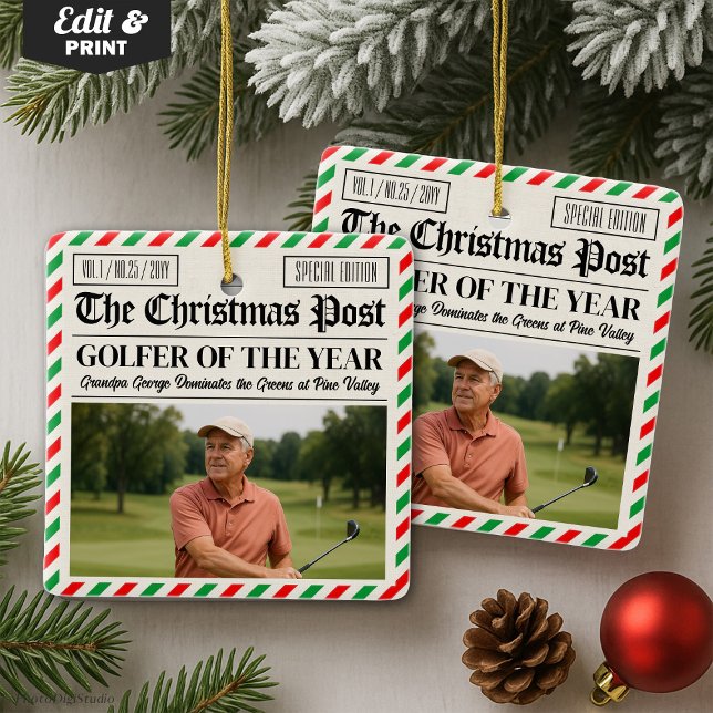 Ornamento De Cerâmica Custom Christmas Golfer Gift, Fun Golf Newspaper  (Custom Christmas Golfer Gift, Fun Golf Newspaper Ceramic Ornament)