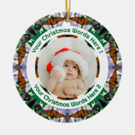 Ornamento De Cerâmica Custom Christmas Green Brown Family Photo Gift