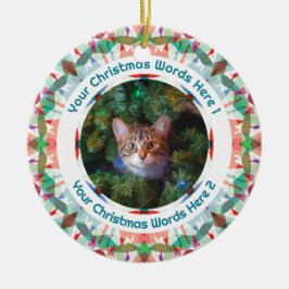 Ornamento De Cerâmica Custom Christmas Green Pink Family Photo Gift