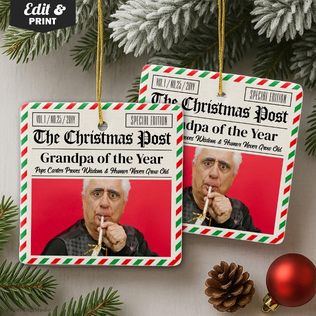 Ornamento De Cerâmica Custom Christmas Newspaper for Grandpa or Grandma (Custom Christmas Newspaper for Grandpa or Grandma Ceramic Ornament)