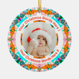 Ornamento De Cerâmica Custom Christmas Orange Teal Family Photo Gift