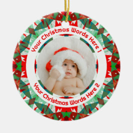 Ornamento De Cerâmica Custom Christmas Red Green Family Photo Gift