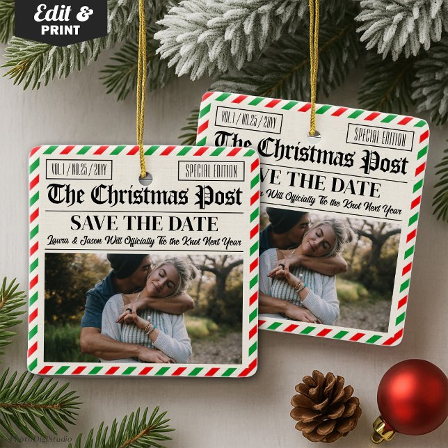 Ornamento De Cerâmica Custom Christmas Wedding Announcement Newspaper (Custom Christmas Wedding Announcement Newspaper Ceramic Ornament)