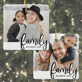 Ornamento De Cerâmica Custom Double Sided Family Two Photo Christmas