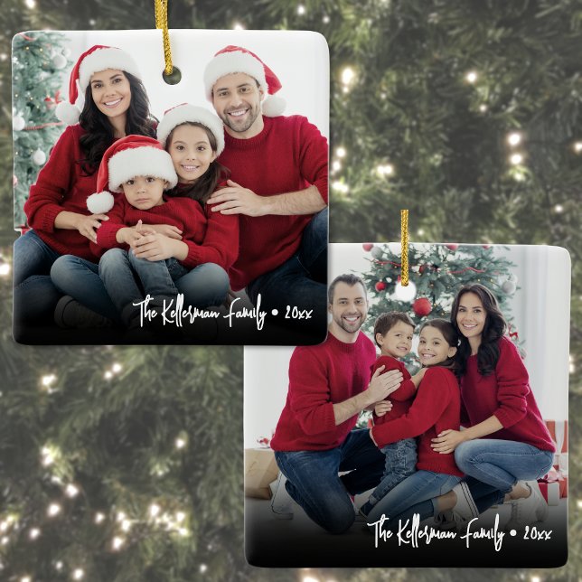 Ornamento De Cerâmica Custom Double Sided Family Two Photo Christmas (Custom Double Sided Family Two Photo Christmas Ceramic Ornament)