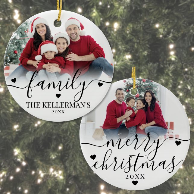 Ornamento De Cerâmica Custom Double Sided Family Two Photo Christmas (Custom Double Sided Family Two Photo Christmas Ceramic Ornament)