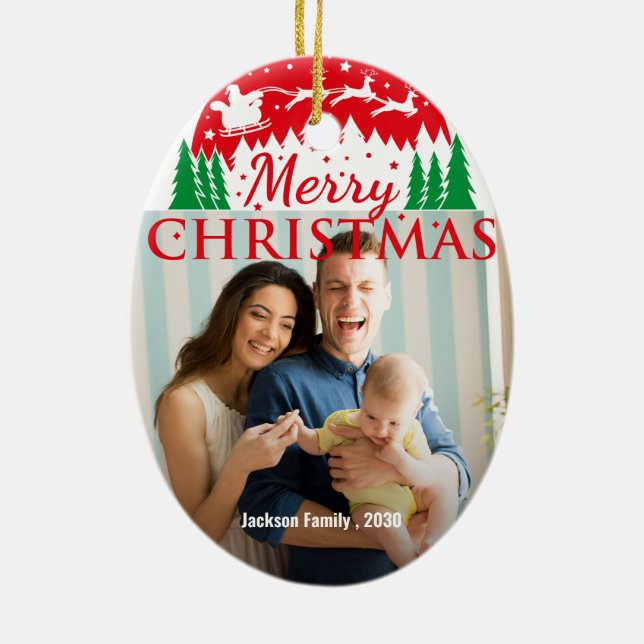 Ornamento De Cerâmica Custom FAMILY Script One Photo Keepsake (Verso)