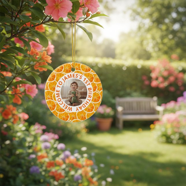 Ornamento De Cerâmica Custom First Birthday Round Ceramic Ornament  (Criador carregado)