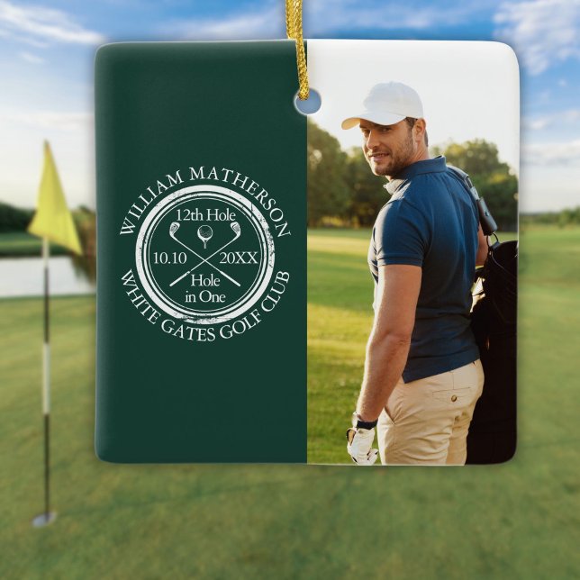 Ornamento De Cerâmica Custom Golf Hole in One Photo Golfer Emerald (Custom Golf Hole in One Photo Golfer Emerald Ceramic Ornament)