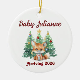 Ornamento De Cerâmica Custom Name Baby Announcement Fox Christmas